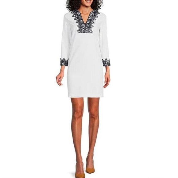 Preston & York, white and navy stretch linen,  embroidered dress, size 6 NWT - Picture 2 of 2